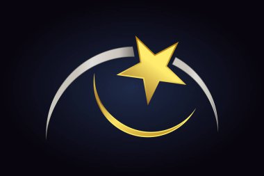 Koyu arka plan üzerinde izole soyut şekiller. İki yarım daire şekli altın ve gümüş renklerde yakınındaki altın yıldız. Gümüş ay ve altın yıldız.