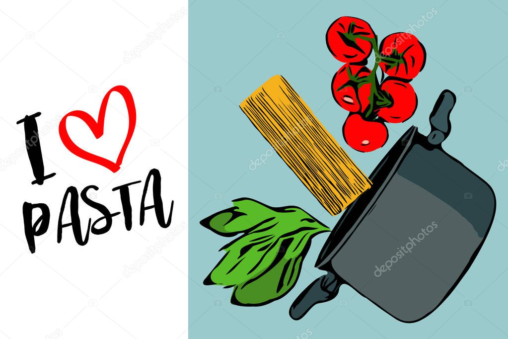 I love Pasta text with red heart. Green herbs, brunch of red cherry tomatoes and spaghettini falling into gray pot on blue background. Side view of cartoon pasta ingredients. Flying food concept.