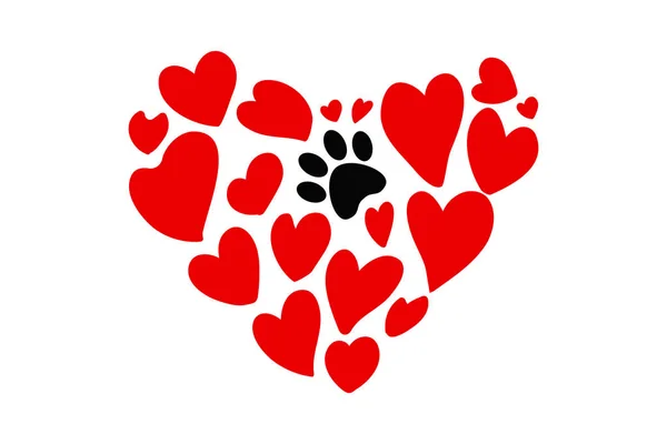 Elle çizilmiş kalp şeklinde farklı kırmızı Kalpler ve bir siyah hayvan pençe baskı boyutları. Kırmızı kalp içinde köpek footmark. Evde beslenen hayvan pençe siluet. Resimde web için hazır ve yazdırma.