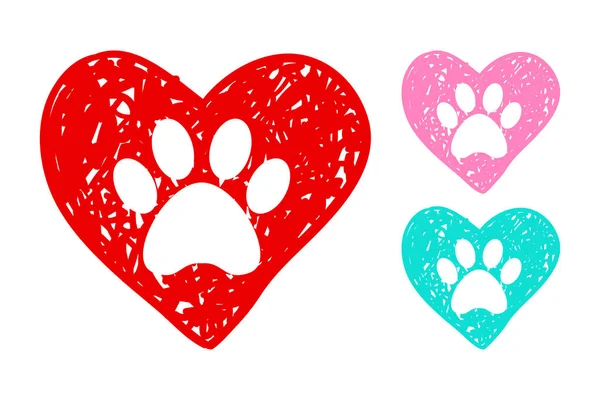 Kırmızı, mavi ve pembe renklerde üç hearts kümesi. elle çizilmiş kalpleri ile hayvan pençe içinde yazdırır. Vektör kalpler web için hazır ve yazdırma. Köpek footmark logosu.
