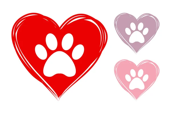 Kırmızı, mor ve pembe renklerde üç hearts kümesi. elle çizilmiş kalpleri ile hayvan pençe içinde yazdırır. Vektör kalpler web için hazır ve yazdırma. Köpek footmark logosu.
