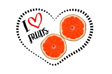 I aşk meyve elle çizilmiş metin ve küçük kırmızı kalp içinde siyah noktalı çizgi siyah kalp şekli. Çizilmiş karikatür ile turuncu meyve içinde iki adet beyaz arka plan üzerinde izole kalp. Portakal kesilmiş