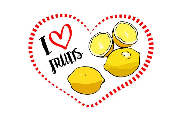 Gepunktete Linie Rote Herzform Mit Handgezeichnetem Text Gelbe Karikatur Zitronen — Stockvektor