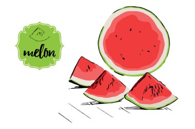 Üç karikatür el çizilmiş kavun parçaları ve kroki katında karpuz yarısı. Kavun Retro mağaza etiket rozeti. İş meyve yeşil Vintage Sticker. Web için yaz lezzetli Berry illüstrasyon, baskı.