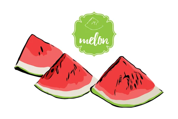 Drei Handgezeichnete Cartoon Melonenstücke Isoliert Auf Weißem Hintergrund Wassermelone Retro — Stockvektor