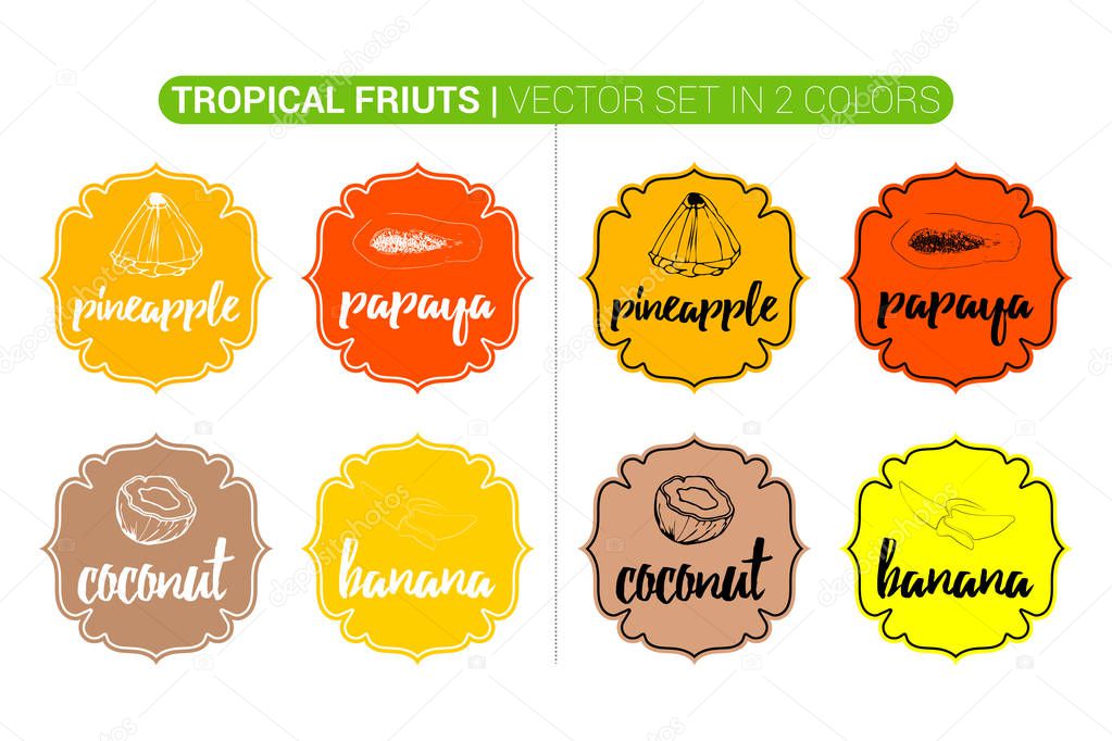 Tropical fruits Colorful labels vector set in brown, yellow, orange, red colors. Cartoon Advertising Stickers. Hand drawn Vintage Badges with coconut, pineapple, papaya, banana ready for web and Print