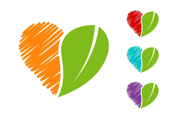 Hand Drawn Colorful Heart Eco Emblem Vector Set Green Organic — Stock Vector