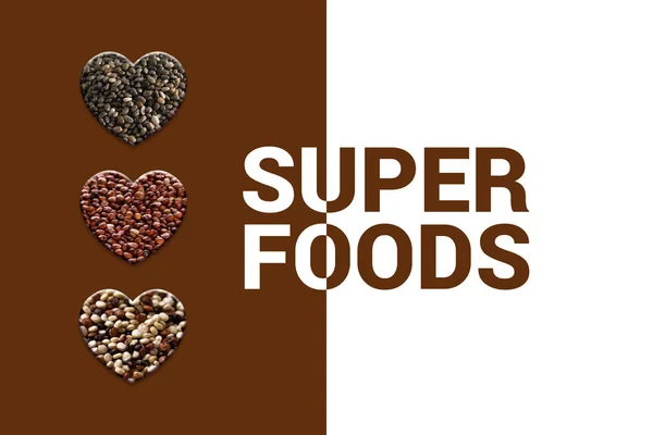 Hearts with chia seeds, red quinoa grains and blended quinoa. Four heart shapes with Text superfoods on white and brown background. Organic Vegan food. Bio Superfoods.