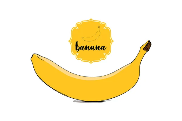 Cartoon Drawn Banana Isolated White Yellow Retro Store Label Badge — Stock Vector