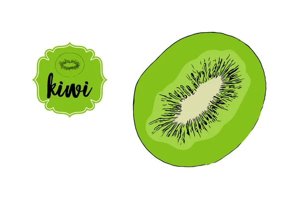 Caricature Dessinée Kiwi Coupé Isolé Sur Blanc Insigne Étiquette Magasin — Image vectorielle
