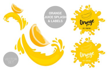 Meyve vektör paketi meyve suyu sıçramaları üzerinde karikatür portakal kesim seti. Organik meyve etiketleri etiketleri ve portakal suyu metni. Renkli turuncu parça çıkartmalar. Sıçrama ile Narenciye Sulu meyve rozetleri. 