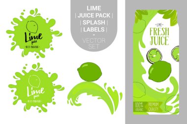 meyve suyu sıçrama karikatür kireç. Organik etiketler i ve yeşil yaprakları ile taze narenciye suyu paketi. Renkli tropik çıkartmalar. Sulu meyve rozetleri, su sıçratıyor. Meyve vektör paket seti