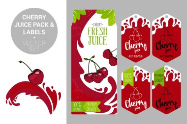 meyve suyu sıçrama karikatür kırmızı kiraz. berry suyu paketi ve organik meyve etiketleri etiketleri. Renkli kiraz çıkartmaları. Sulu yaz meyve rozetleri sıçramaları ile. Web için meyve vektör paketi seti, baskı.