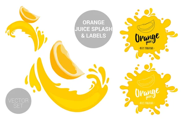 Fruit Vector Pakket Set Van Cartoon Oranje Snijdt Sap Spatten — Stockvector