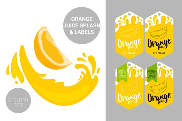 Desenho Animado Corte Laranja Com Salpicos Suco Etiquetas Frutas Orgânicas — Vetor de Stock