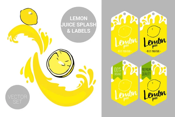 meyve suyu sıçramaları ile karikatür limon. Organik meyve etiketleri etiketleri ve limon suyu metni. Renkli tropik çıkartmalar. Su sıçratıcısulu egzotik meyve rozetleri. Narenciye Vektör paketi web için ayarlanmış, baskı 