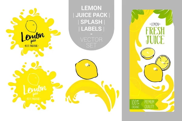 Limone Cartone Animato Spruzzi Succo Confezione Succo Agrumi Fresco Con — Vettoriale Stock