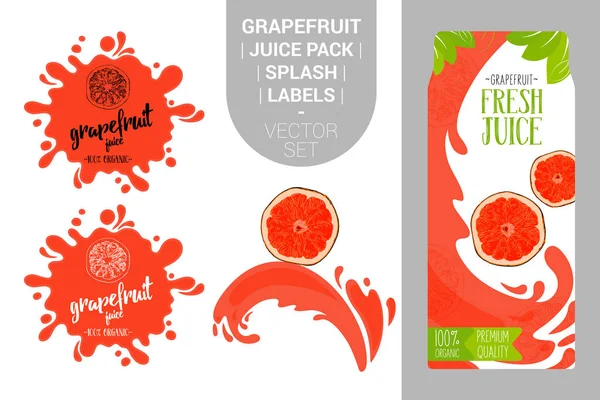 Karikatur Grapefruit Auf Saftspritzer Frische Zitrussaftverpackung Mit Bio Etiketten Und — Stockvektor