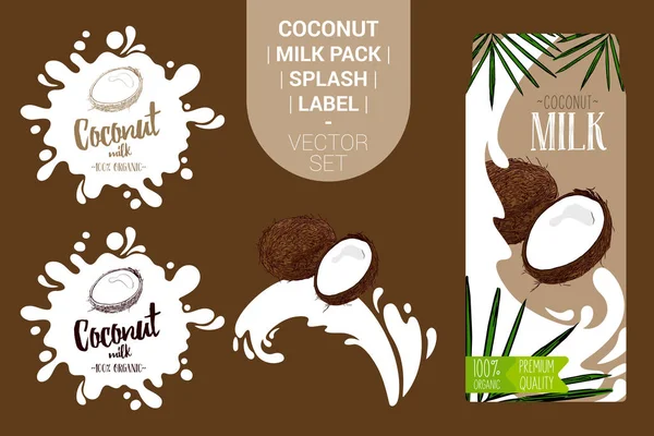 Cocos Desenhos Animados Respingo Suco Embalagem Leite Coco Fresco Com — Vetor de Stock