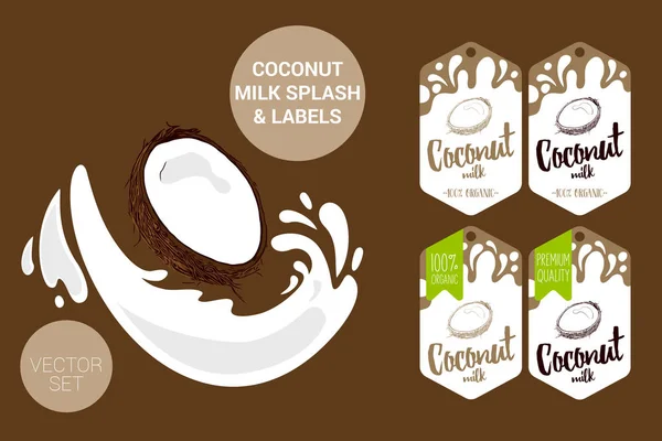 Dessin Animé Moitié Noix Coco Avec Éclaboussure Lait Étiquettes Lait — Image vectorielle