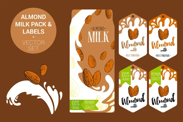 Cartoon Almond Milk Splash Almond Milk Pack Hand Drawn Nuts — Stock Vector