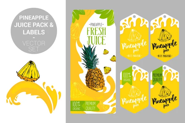 meyve suyu sıçrama karikatür ananas. ananas suyu paketi ve organik meyve etiketleri etiketleri. Renkli tropik çıkartmalar. Su sıçratıcısulu egzotik meyve rozetleri. Web ve baskı için meyve vektör paketi seti.