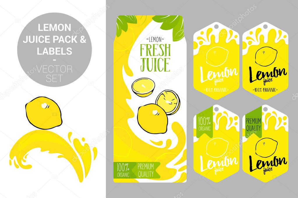 cartoon lemon on juice splash. lemon juice pack and organic fruit labels tags. Colorful tropical stickers. Juicy exotic fruit badges with splashes. Citrus Fruit vector package set for web, print.