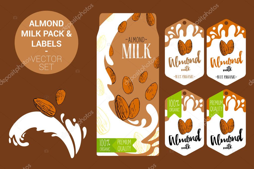 cartoon almond on milk splash. almond milk pack with hand drawn nuts, organic labels tags. Colorful nut stickers. Premium quality Milk badges with splashes. Almond vector package set for web, print.