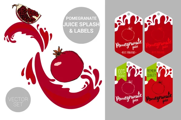 Cartoon Granaatappel Zaden Met Sap Spatten Biologische Fruit Etiketten Tags — Stockvector
