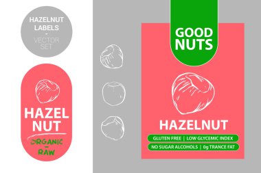 Yeşil elementli fındık kırmızısı etiketler. Karikatür fındık çizilmiş. Metin ile Fındık ürün Badge: glutensiz, düşük glisemik indeksi, şeker alkoller, 0g trance yağ. Ham organik etiket web için hazır, baskı.