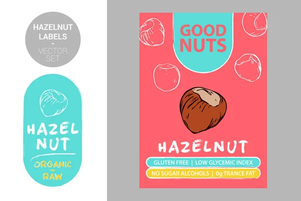 Fırça darbe elemanları ile fındık etiketleri. Karikatür fındık çizilmiş. Metin ile Fındık ürün Badge: glutensiz, düşük glisemik indeksi, şeker alkoller, 0g trance yağ. Ham organik etiket web için hazır, baskı