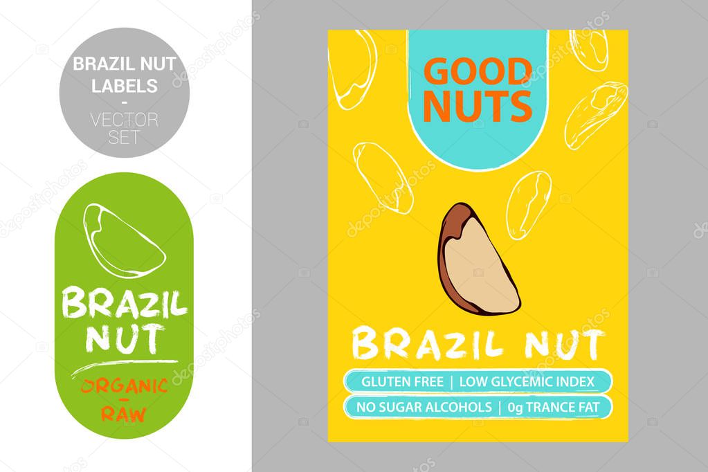 Brazil nut labels with brush stroke elements. Cartoon drawn nuts. product Badge with text: gluten free, low glycemic index, no sugar alcohols, 0g trance fat. Raw organic sticker ready for web, print