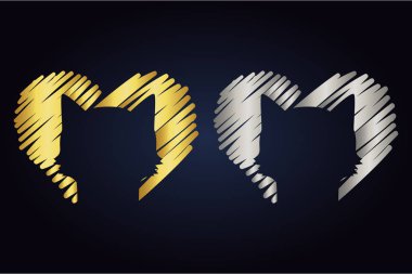 Evcil hayvan ile gümüş ve altın renklerde iki kalp ayarlayın. içinde hayvan silueti ile el çizilmiş kalpler. Vektör kalpleri Web ve baskı için hazır. Kedi kafası logosu.