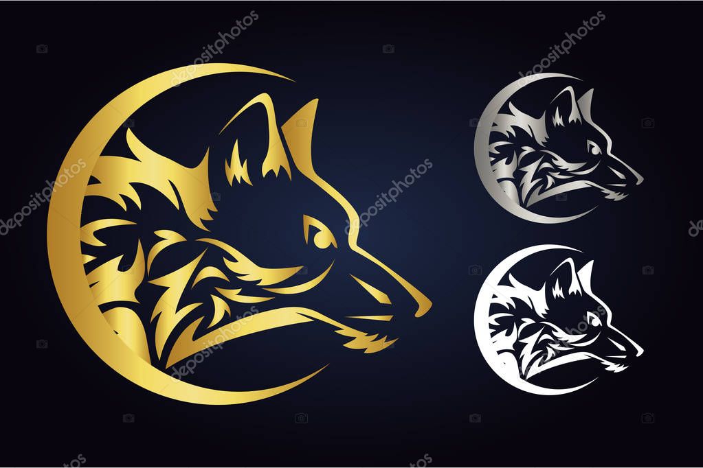 Vector wolf head silhouette inside half moon in gold, silver and white colors. Side view of wild animal in crescent. Wolf vector logo inside demilune isolated on dark background.