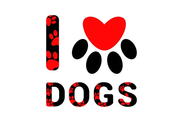 İzole ben kırmızı köpek veya kedi pençe baskılar ile köpekler siyah metin seviyorum. Hayvan ayak baskı ile tipografi. Yerli hayvan pençe baskı içinde kırmızı kalp. Beyaz arka planda renkli metin
