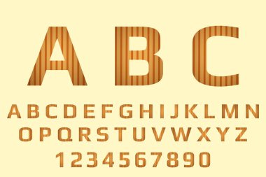 Ahşap doku ile çizgili Font tipografi. Koyu ve açık kahverengi çizgili alfabe. Web ve baskı için hazır pastel arka planda ahşap kaligrafi ve sayılar.