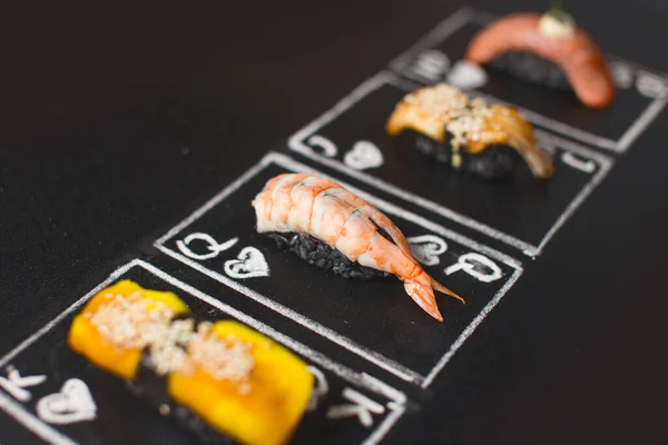 Ručně Kreslené Pokerové Karty Japonské Sushi Nigiri Černou Rýží Krevetami — Stock fotografie