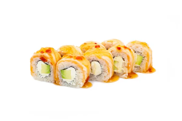 Japanse Sushi Roll Met Avocado Philadelphia Roomkaas Zalm Tataki Top — Stockfoto