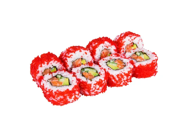 Sushi Japonés Huevas Pez Volador Rojo Caviar Tobiko Aislado Sobre —  Fotos de Stock