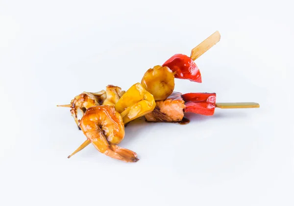 Japanese Seafood Skewers Bell Pepper Black Tiger Shrimp Scallop Salmon — Stock Photo, Image