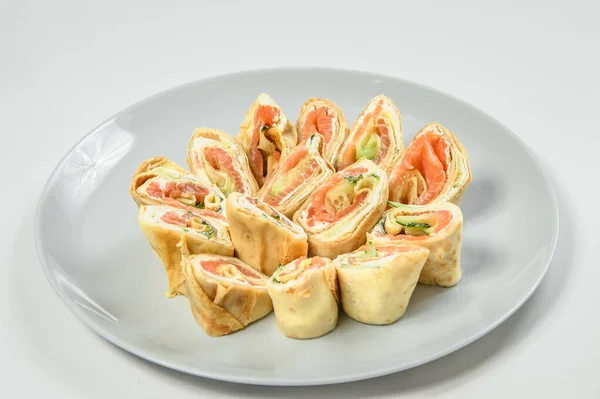 Holiday Russian Starter Dish Blini Cream Cheese Salmon Cucumber Slices — Stock Photo, Image