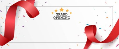 Grand opening card design with red ribbon and colorful confetti clipart