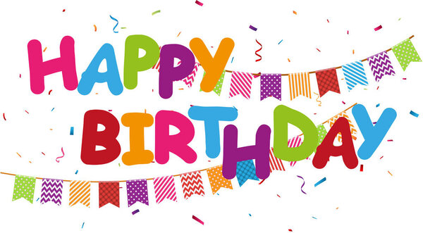 Вектор поздравления с днем рождения с разноцветными флагами и конфетти
