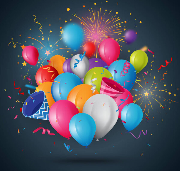 Векторная иллюстрация праздничного воздушного шара с лентой и конфетти
