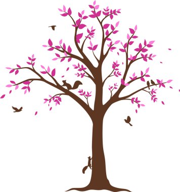 Vektör çizim güzel ağaç dalı kuş ve çiçek siluet arka plan duvar kağıdı etiket için