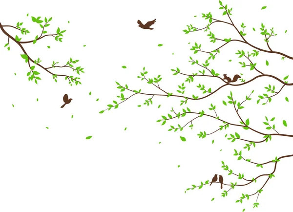 Ilustración Vectorial Hermosa Rama Árbol Con Aves Fondo Silueta Flores — Vector de stock