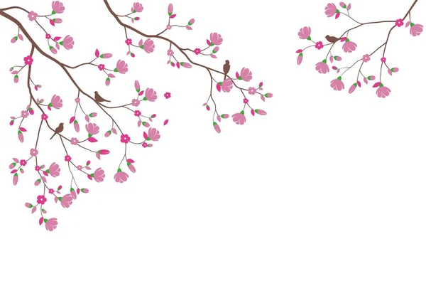 Векторная Иллюстрация Красивой Ветви Дерева Птицами Цветочным Силуэтом Фона Наклейки — стоковый вектор