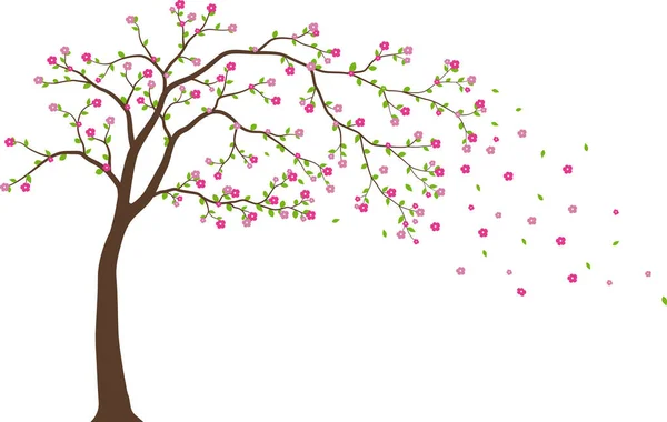 Ilustración Vectorial Hermosa Rama Árbol Con Aves Fondo Silueta Flores — Vector de stock