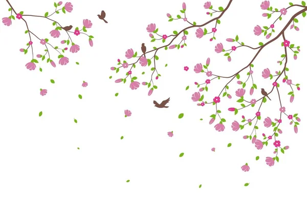 Vector Illustratie Van Mooie Boomtak Met Vogels Bloem Silhouet Achtergrond — Stockvector