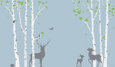 Vector illustration of Birch Tree with deer and birds Silhouette Background for wallpaper sticker clipart